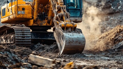 Close-up of a yellow excavator, front aglow with dirt and grime, turning right against a rugged backdrop