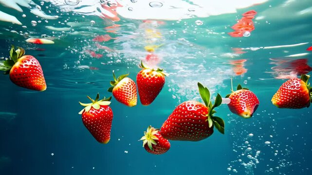 Fresh strawberries splashing in clear water, creating dynamic water droplets.
