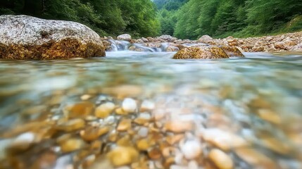 Tranquil Stream Through Lush Green Forest with Clear Water Flow