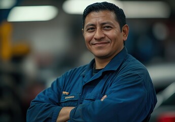 Fototapeta premium Portrait of a smiling Hispanic worker in blue workwear standing with arms crossed at the car workshop, looking at the camera and smiling happily