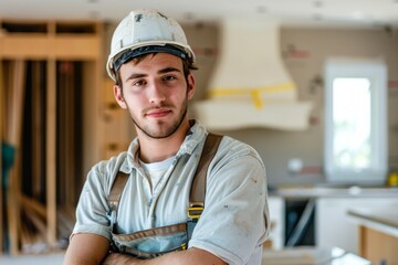 Portrait of a young male tile installer in new home