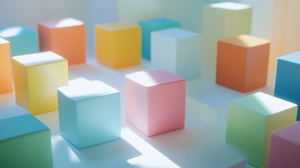 Obraz premium A 3D render featuring a collection of colorful cubes arranged in a visually appealing composition.