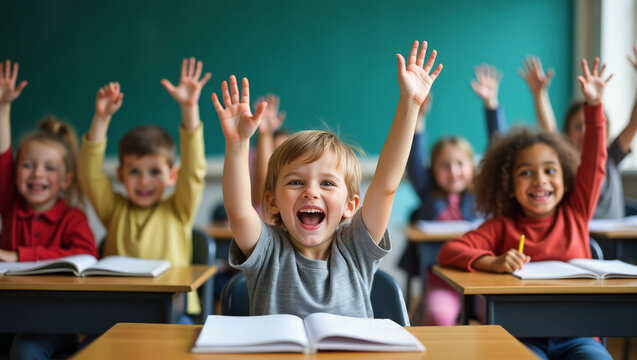 School Kids Raising Hands in Excitement