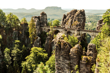 Beautiful views and natural landscapes with rocks from the Saxon Switzerland Mountains in Germany.