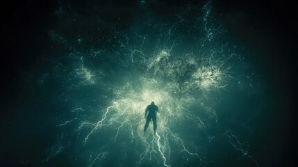 Epic Visualization of an Electric Storm with Lightning and Cosmic Elements in Dark Atmosphere