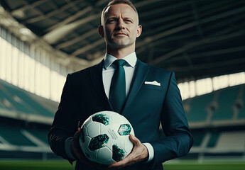 Confident man holds soccer ball in stadium
