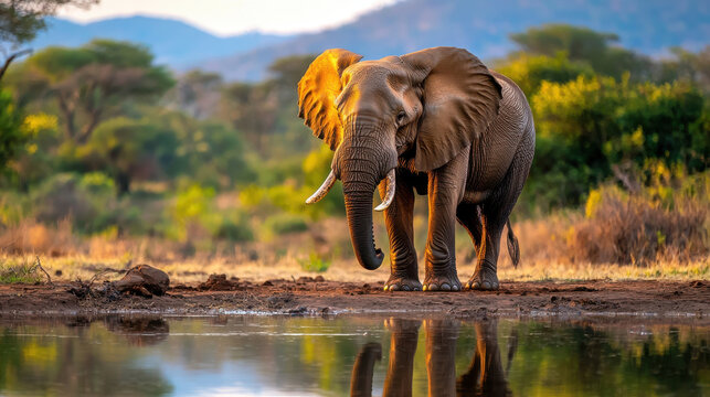 imposing African elephant walking by watering hole, showcasing its majestic presence in wild