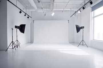 A commercial-style photo studio with a perfectly lit white backdrop, adjustable softbox lights, and a minimalist environment designed for high-quality professional shoots 