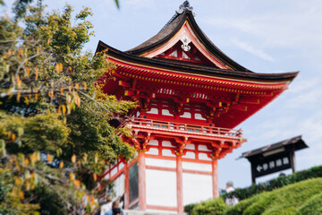 Kiyomizu-dera buddhist temple in Kyoto prefecture, Japan, Higashiyama ward, autumn fall view with mountains, Kyoto streets and skyline, shrine and pagoda, travel to Japan, Kansai region