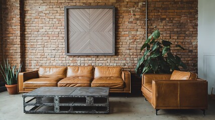 Rustic Industrial Loft Leather Sofa Decor Brick Wall Apartment