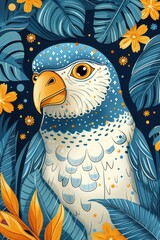 A stylized illustration of a blue and white bird surrounded by tropical leaves and flowers.