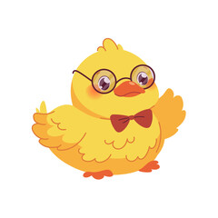 Cute kawaii duck on white background. Yellow duckling with glasses and bow tie. Vector cartoon character