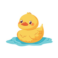 Cute kawaii duck on white background. Yellow duckling swimming in the water. Cartoon vector character