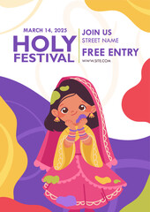 Invitation to the festival of Holi. Colorful printable template for the festival of colors in India with girl in traditional clothes and bright spots. Vector cartoon card