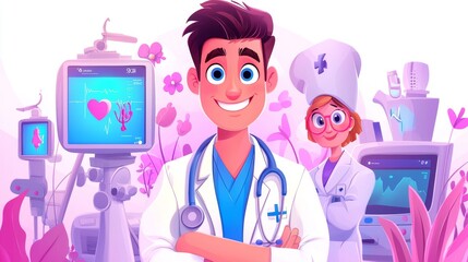 Senior healthcare template featuring realistic medical theme with modern equipment and happy professionals