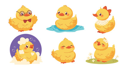 Set of cute kawaii ducklings. Yellow ducklings on white background. Vector flat characters