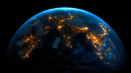 Obraz premium Highly detailed Earth showing city lights at night over Asia and India, revealing human impact on the planet