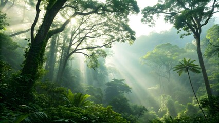 Lush tropical rainforest with misty atmosphere