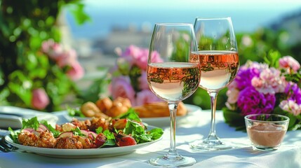 Ros? wine glasses on outdoor patio with food and flowers. Possible use Stock photo for wine, food, or restaurant marketing