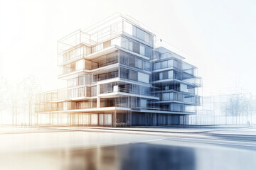 A futuristic apartment complex design featuring a digital 3D schematic with wireframe overlays, highlighting the intricate layout and engineering details of the building 