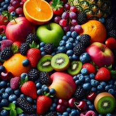 Obraz premium A vibrant, close-up shot showcases a bountiful array of fresh fruits and vegetables, artfully arranged to create a visually appealing composition 