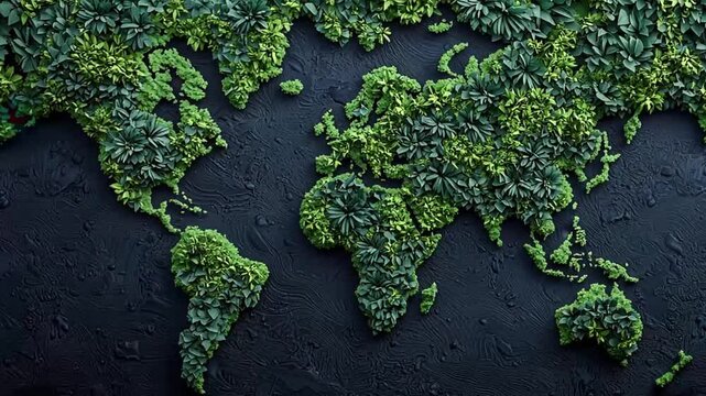 Lush green world map made of vibrant foliage