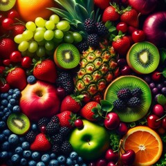 A vibrant, close-up shot showcases a bountiful array of fresh fruits and vegetables, artfully arranged to create a visually appealing composition
