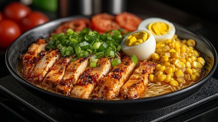 Fototapeta premium Spicy Chicken Ramen Noodles, garnished with corn and egg, served on a black plate. Possible use Stock photography for food blogs, restaurants, or recipe websites