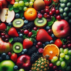 A vibrant, close-up shot showcases a bountiful array of fresh fruits and vegetables, artfully arranged to create a visually appealing composition

