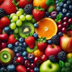 Obraz premium A vibrant, close-up shot showcases a bountiful array of fresh fruits and vegetables, artfully arranged to create a visually appealing composition 