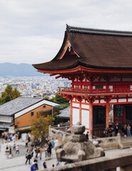 Obraz premium Kiyomizu-dera buddhist temple in Kyoto prefecture, Japan, Higashiyama ward, autumn fall view with mountains, Kyoto streets and skyline, shrine and pagoda, travel to Japan, Kansai region