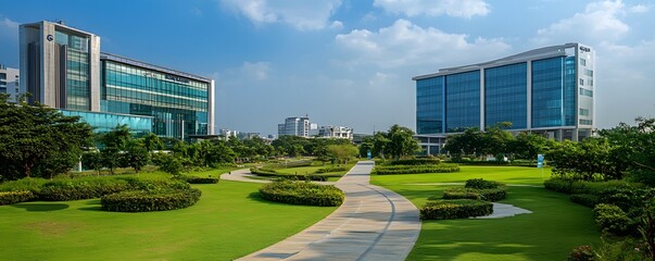 The tranquil beauty of Hyderabad’s tech parks, with green lawns, sleek office buildings, and the sounds of a busy professional city