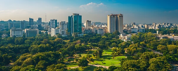 A high-angle shot of Hyderabad’s bustling downtown, with towering office buildings, green parks, and the city’s professional atmosphere in full swing