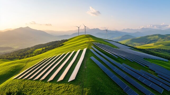 green energy investments USA, sustainable finance trends, wind turbines, solar panels, and stock market data
