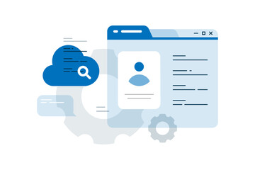 Flat illustration of a user history page featuring an avatar, clouds, text, and UI elements. This concept represents data search history,  personalized recommendations, user preferences or behavior