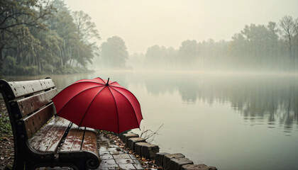 Red Umbrella on Park Bench with Calm Lake View