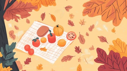 Autumn picnic with fall leaves, fruits, and vegetables, for relaxing outdoors