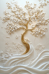 A luxurious 3D mural wallpaper featuring elegant white waves flowing across a soft cream background, with a golden tree adorned with intricate gold embellishments on its branches, perfect for 