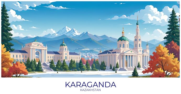 Karaganda Kazakhstan Travel Poster Flat Illustration Print Decor Gift Canvas Wall Art