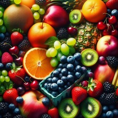 A vibrant, close-up shot showcases a bountiful array of fresh fruits and vegetables, artfully arranged to create a visually appealing composition
