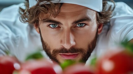 inside fridge perspective, chef finding premium ingredients, excitement on face, well-arranged gourmet items