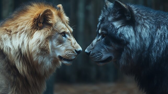 Lion wolf forest standoff nature wildlife