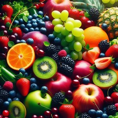 A vibrant, close-up shot showcases a bountiful array of fresh fruits and vegetables, artfully arranged to create a visually appealing composition
