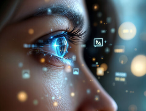 Person accessing their e-wallet through a retina scan, with transaction data appearing holograms.