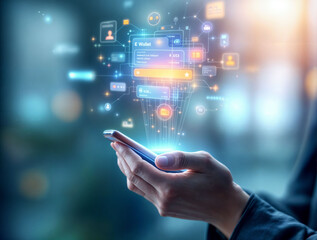 Hand holding smartphone with digital e-wallet on virtual screen