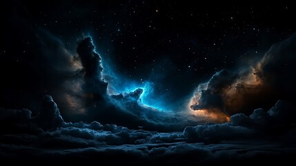 Naklejka premium Cosmic nebula cloudscape with vibrant blue and orange hues against a starlit backdrop.