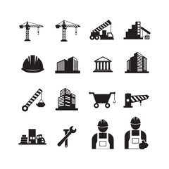 building property construction site factory worker and real estate industry Icons set Vector design symbol illustrations