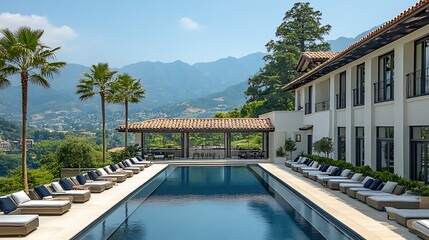 Fototapeta premium A serene desert oasis featuring a calm pool of water surrounded by tall palm trees, under a clear blue sky.