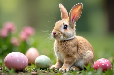 Adorable bunny sitting on green grass surrounded by colorful Easter eggs with a soft blurred background