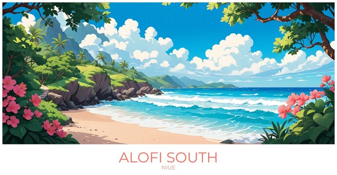 Alofi south Niue Travel Poster Flat Illustration Print Decor Gift Canvas Wall Art